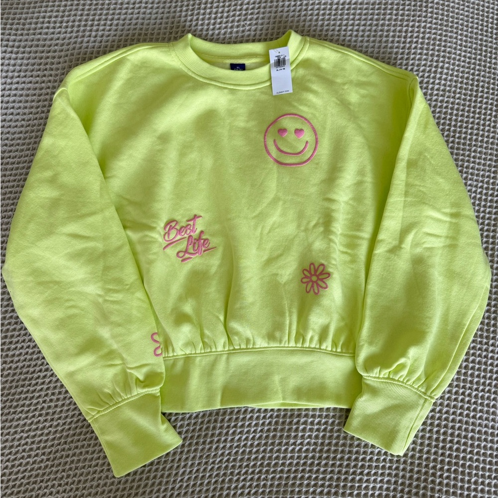 Old Navy Neon Yellow Sweatshirt with Pink Smiley